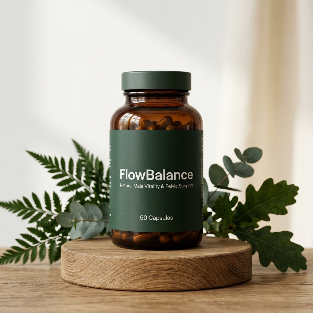 Frasco de AndroBalance sobre base de madera y follaje botánico